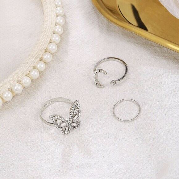 Silver Alloy Plated Fashion Rhinestone Butterfly Moon Star Ring Trio - Picture 6 of 8